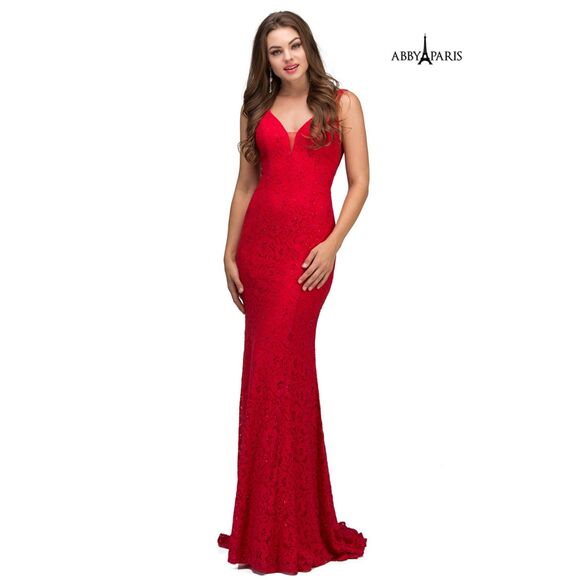 ABBY PARIS Red Lace Gem Bling Mermaid Homecoming Prom Maxi Formal Gown Dress 6 - Picture 1 of 11